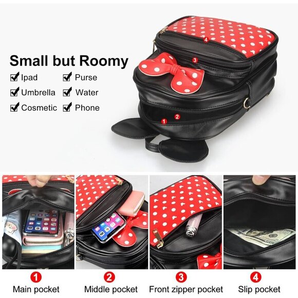 🆕 Dksyee Leather Cute Mini Mouse Women Black Bowknot PolkaDot Toddler Backpack - Picture 2 of 7